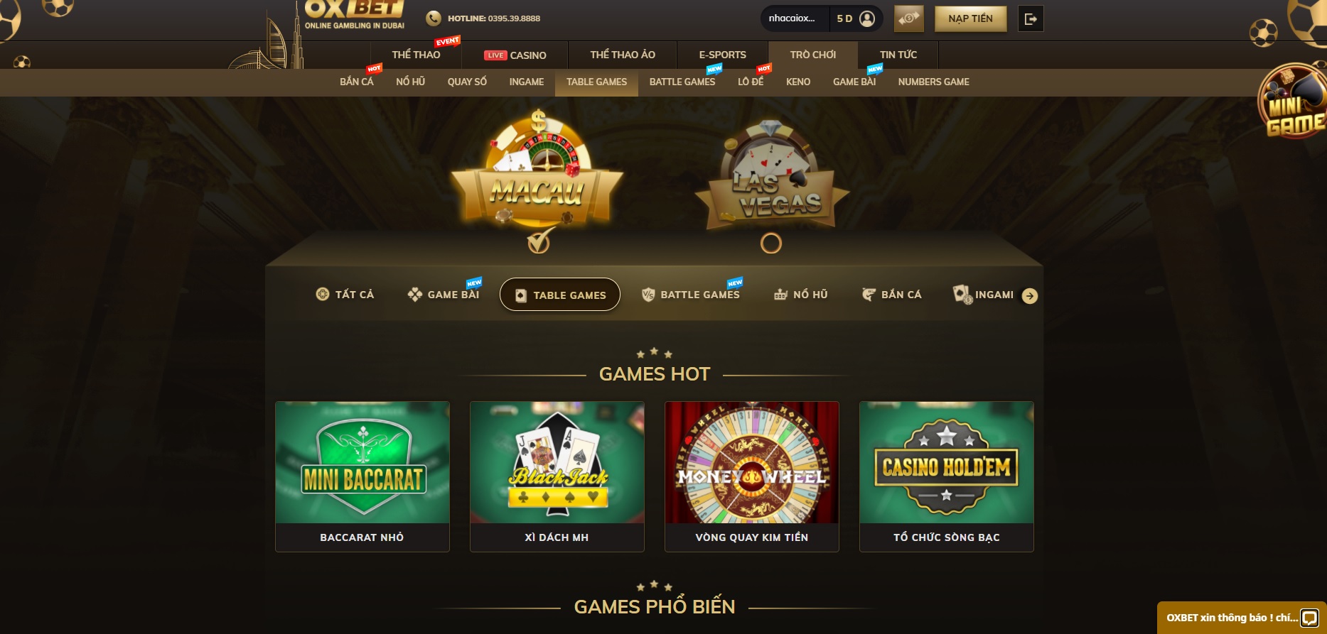 Table Games của Oxbet có những trò nào? Chơi gì dễ thắng?