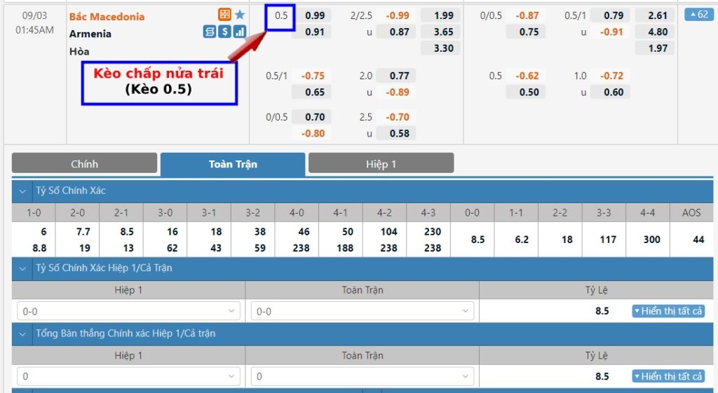 Kèo 0.5, 1/2 là gì? Cách tính kèo chấp nửa trái dễ hiểu nhất